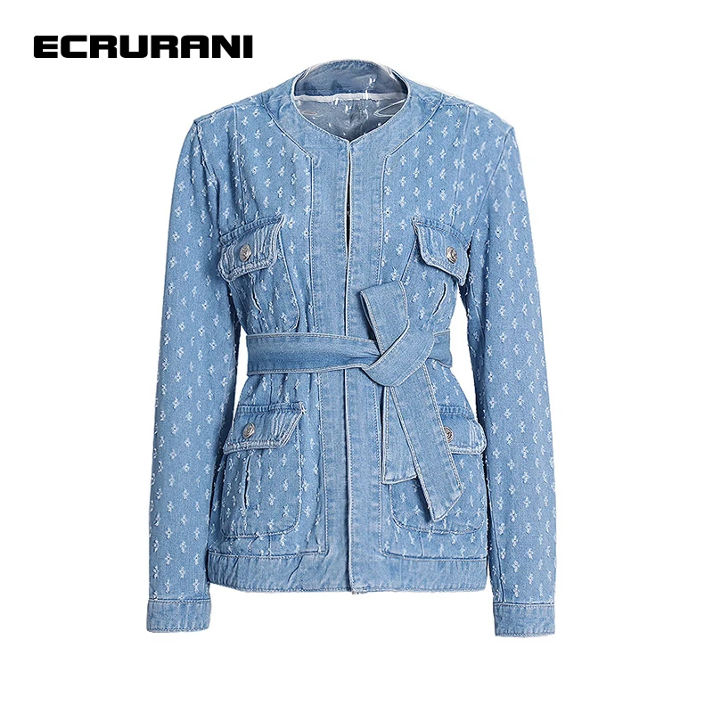 ECRURANI Blue Denim Jackets For Women O Neck Long Sleeve Loose Pockets Patchwork Solid Coats Females Fashion Clothing 2022 Style men s stand pockets demin shorts fashion loose denim bottom vintage hole ripped short jeans 2022 european style cargo half pants