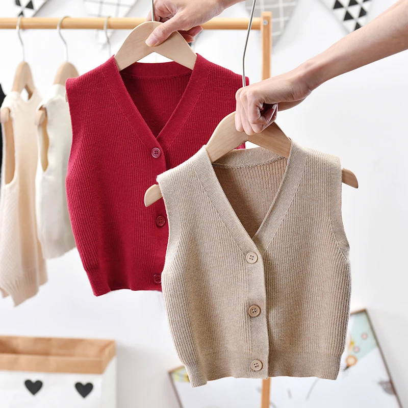 

CANIS Childrenâ€™s Knitted Cardigan Vest Little Boy Girl Solid Color V Neck Sleeveless Button Sweater Elastic Vest Top