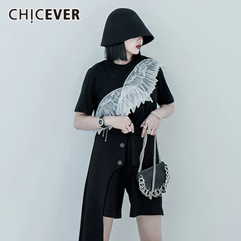 

CHICEVER Embroidery Hit Color T-shirt Female O Neck Short Sleeve Patchwork Large Size Loose Shirt Women 2020 Fashion Summer New