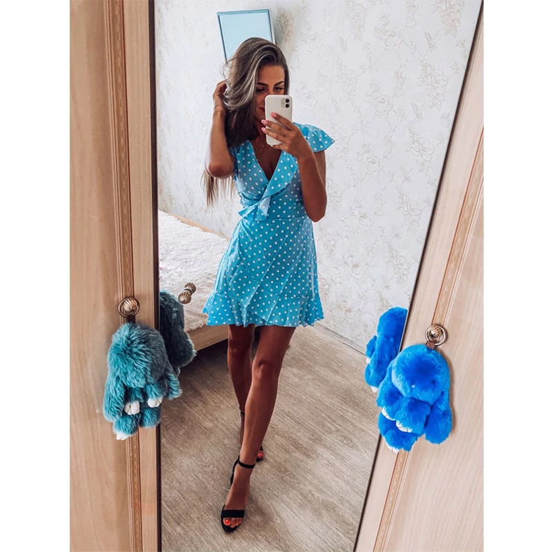 2020 Chiffon Fashion Print Polka Dot V-neck ruffle dress women Belt dress Summer Short sleeve Dress aa924