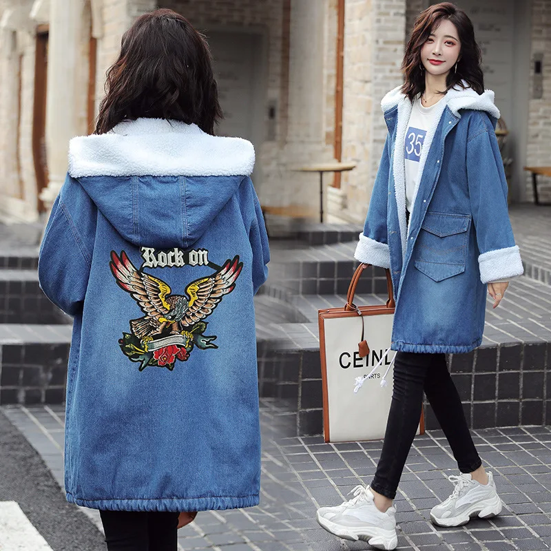 

2019 Winter New Style Korean-style Embroidery Lambs Wool Mid-length Embroidered Cowboy Hooded Brushed And Thick Coat Women's Fas