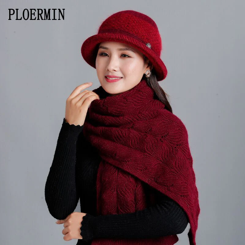 Дамский элегантный зимний набор из шапки и шарфа, шерсть, смешанный мех кролика, теплая шапка для бассейна для женщин среднего возраста, женские шапки-ведра