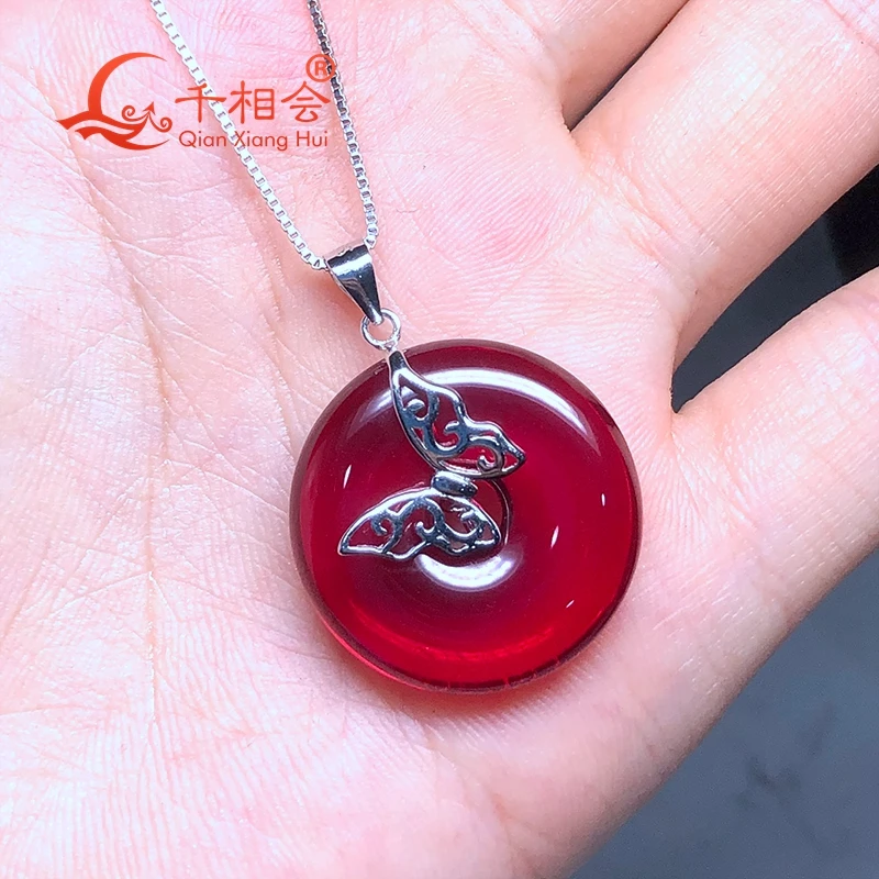 

artificial red color ruby Circle Butterfly Pendant 925 silver pendant necklace with 25mm 46ct main stone for jewelry