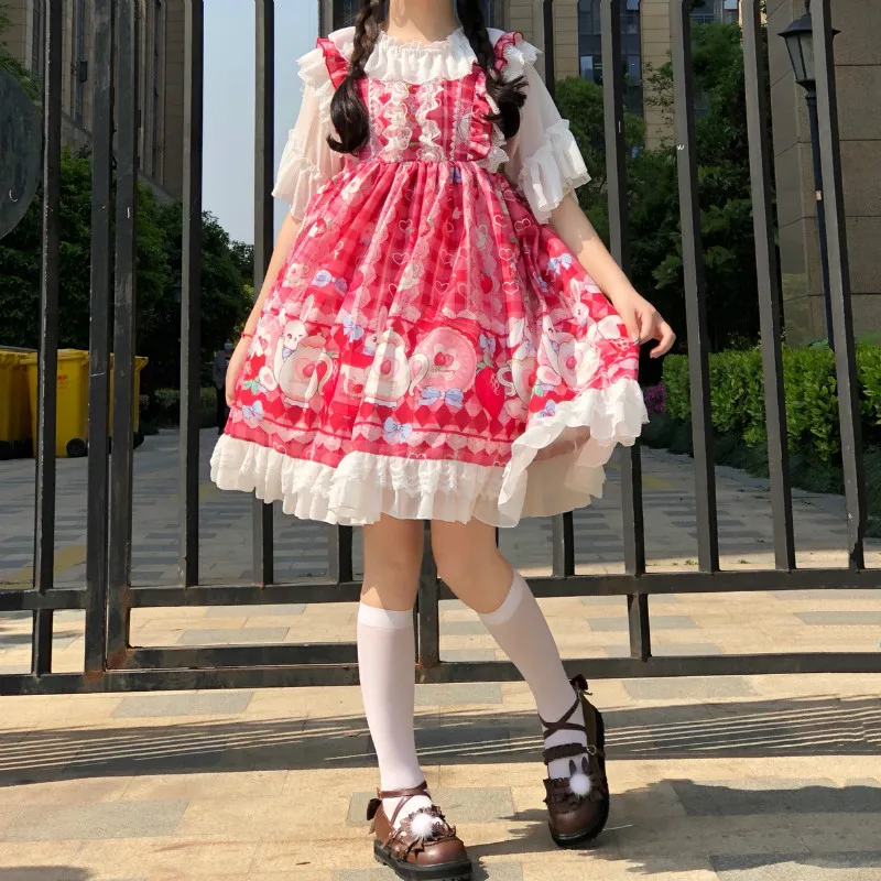 Мягкое платье принцессы Kawaii Lolita для косплея с изображением кролика клубники без