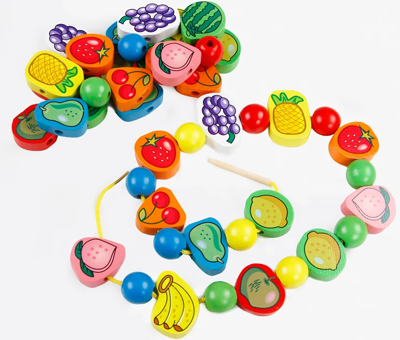 Early Childhood Educational Large Size Hands-on Beaded Bracelet String Lanyard Animal Small Wooden Fruit Mainland China Wood Bui