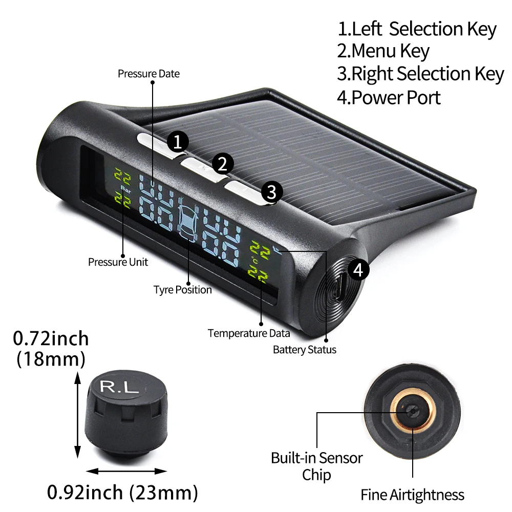 OGE TPMS солнечная система контроля давления в шинах Универсальный беспроводной умный монитор безопасности в шинах ЖК-дисплей с 4 внешними колпачками Sens