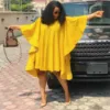 Women Yellow Loose Dresses Large Size Ladies O Neck Pleated Batwing Sleeves Solid African Fashion Casual Spring Summer Female ► Photo 1/6