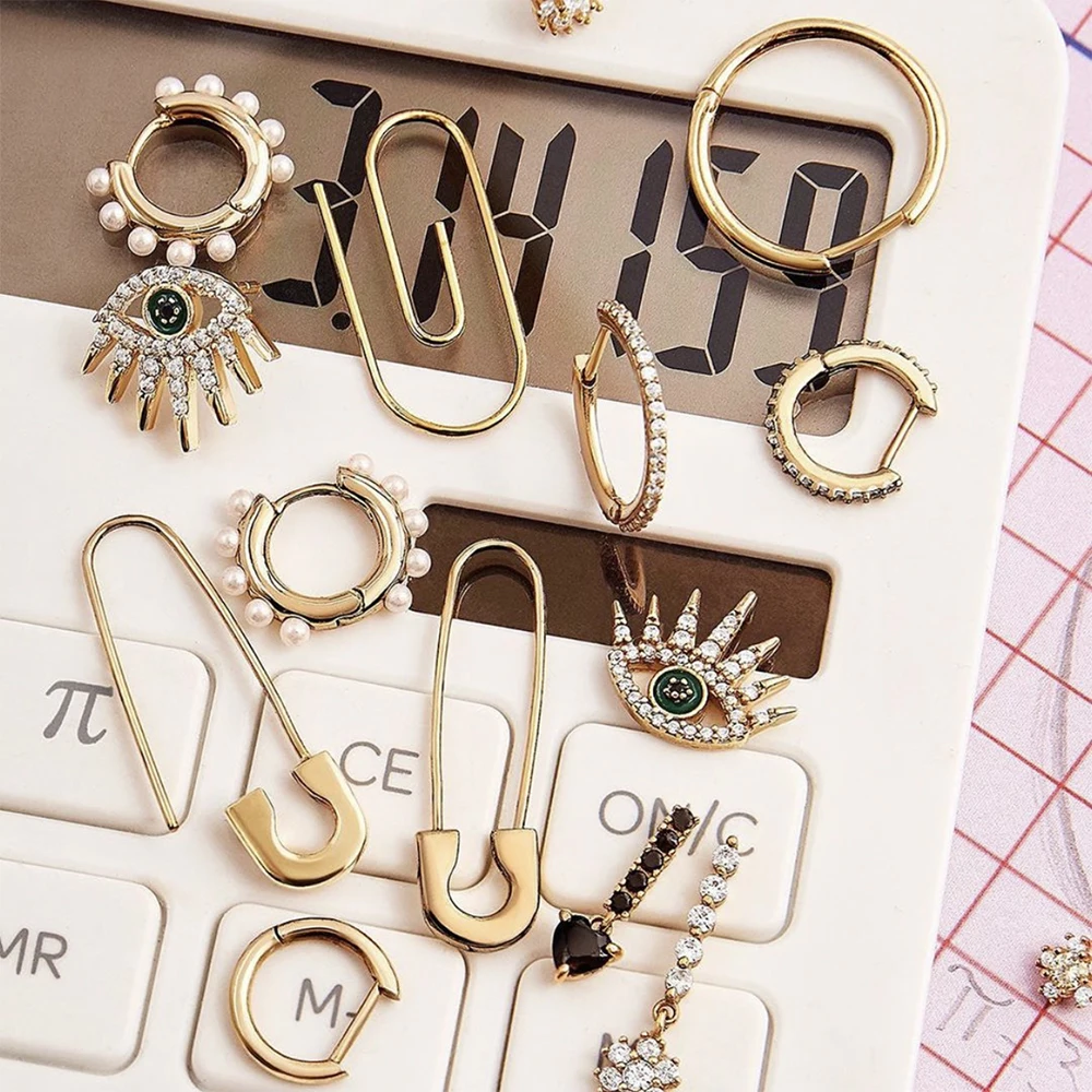 

New Fashion Rhinestone Evil Eye Stud Earrings Female Charm Geometric Statement Safety Pin Earrings Women Jewelry Accessories