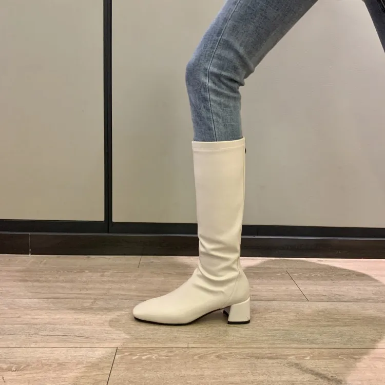 

MLJUESE 2021women knee-high boots stretch faric winter short plush beige color square toe high heels female high boots size 40