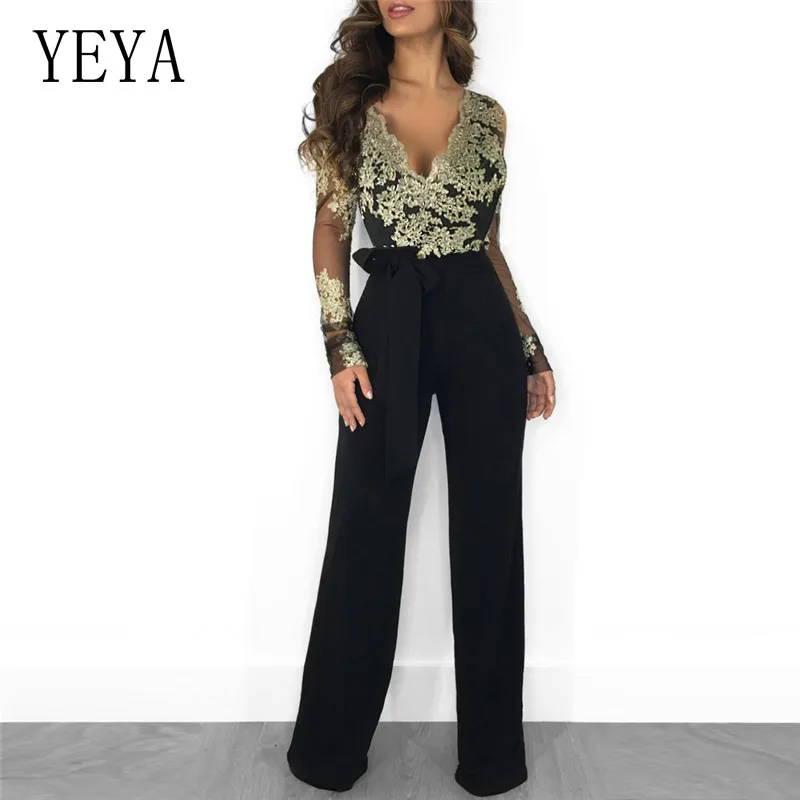 

YEYA Elegant Women Mesh Patchwork V Neck Jumpsuits Lace Embroidery Long Sleeve Office Lady Bodysuit with Belt Playsuit