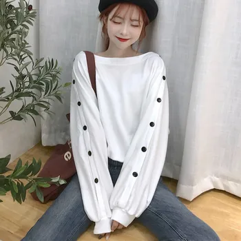 

Korean Women Tops Autumn Pullovers Thin Loose Sweet Sweatshirt Simple Casual Button Solid Casual Sweatshirt