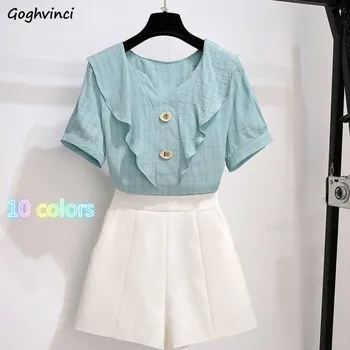 

Women Sets Oversize 4XL Summer Korean Chic Elegant Womens 2 Piece Set Ruffles Lovely Button Simple Top Popular Wide-leg Shorts
