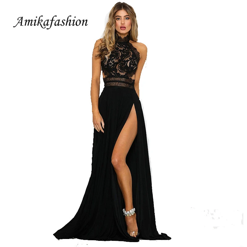 

Sexy Women Sleeveless Summer Dress Halter Neck Lace Crochet Evening Maxi Long Dress Backless Party Dresses Vestido 2019 New YXBD