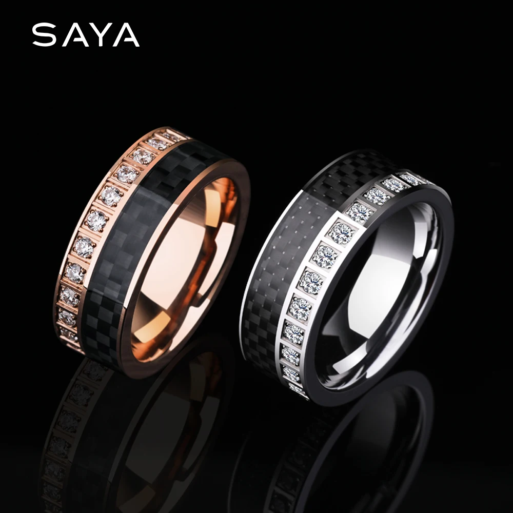 Anillo para hombres y mujeres, anillos de tungsteno para compromiso, banda con incrustaciones de fibra de carbono negra piedras brillantes de CZ, personalizado, envío - AliExpress Joyería y accesorios