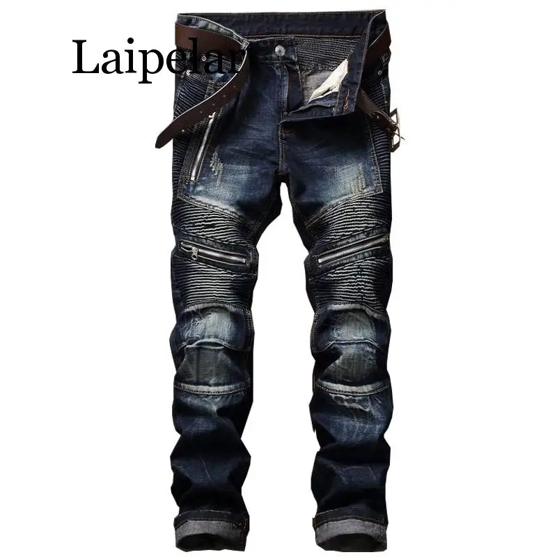 Laipelar мужские Плиссированные джинсы для байкеров Брюки Slim Fit брендовые дизайнерские мотоциклетные джинсовые брюки для мужчин прямые