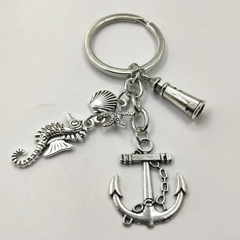 

1pcs Hippocampus Keychains Beach Fish Keyring Anchor Lighthouse Charms Summer Jewelry Gift