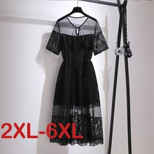 

Plus Size Women V Neck Short Sleeve Long Dress Summer Vintage Office Vestido Robe Femme Solid Lace Hollow Out Casual Dresses