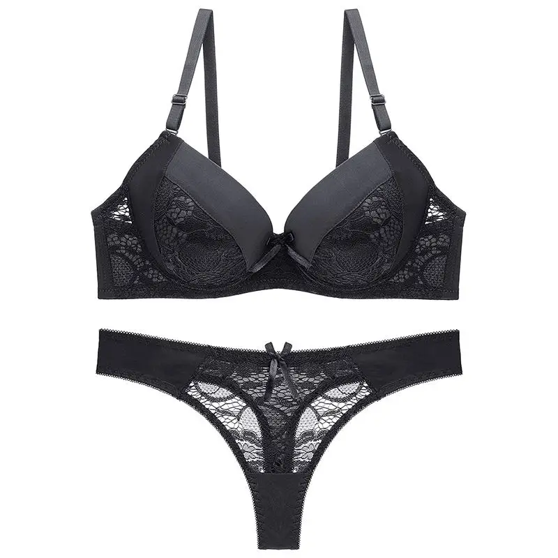 Julexy New Hollow out sexy tongs Women Bra Set B C Cup Intimates Lace G string Underwear Set Solid Sexy Bra And Panty Sets - Цвет: Черный