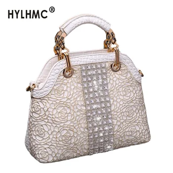 

Luxury Fashion Diamond Women Handbag Genuine Leather Crocodile pattern Shoulder Messenger Bag ladies Rhinestone Lace Shell Bags