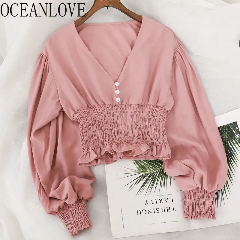

OCEANLOVE Solid V Neck Women Blouses Sexy Short Pleated 2020 Button Blusas Mujer Chiffon Pleated Korean Shirts Elegant 13729
