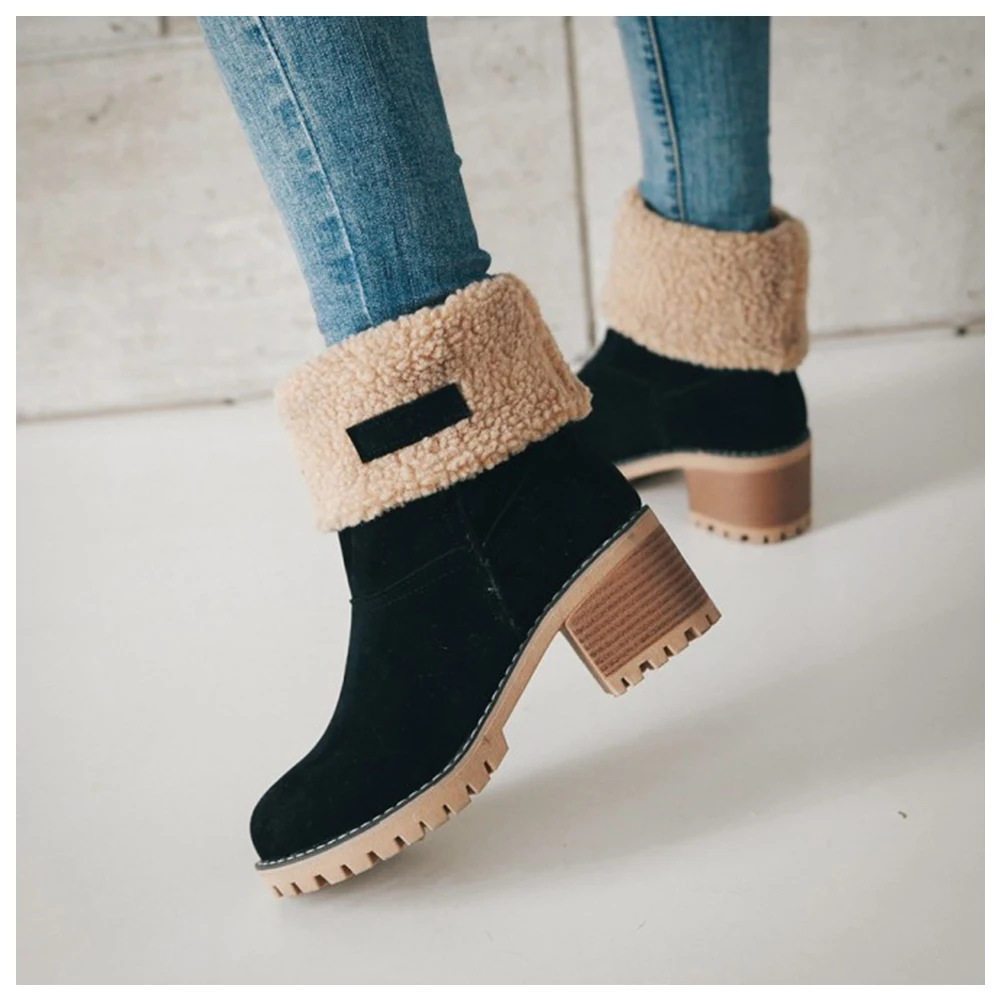 women cute warm short boots suede chunky mid heel round toe winter snow ankle booties