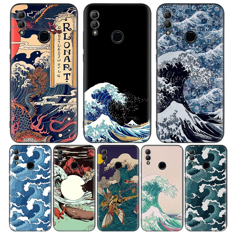 Волна Искусство Японский зеленый Illust черный чехол для телефона Huawei Y9 Y5 Y6 Y7 2019 Honor 10