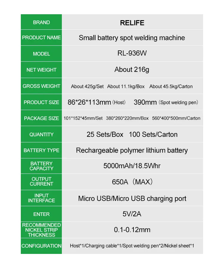 electric soldering iron Relife RL-936W Battery Spot Welding Machine Portable for iPhone Battery Chip Replacement Soldering Repair 6 Levels Adjustable plastic welder stapler