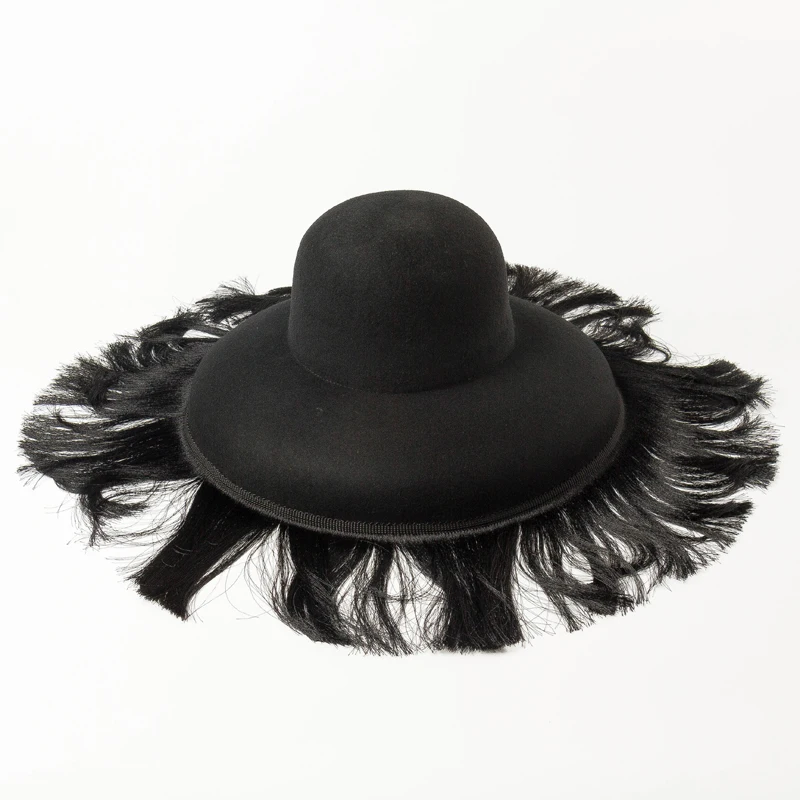 Женская мода Ретро стиль шерсть фетровая шляпа-котелок, черный цвет кисточкой с большими полями купольная шляпа, Регулируемая шляпа для шоу