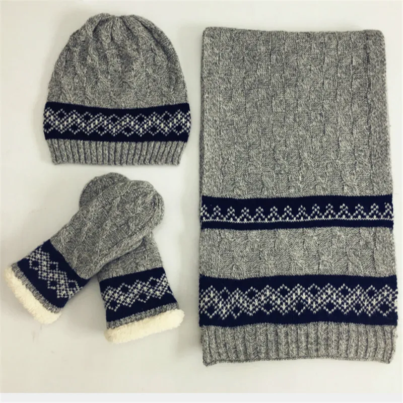 30% Wool 70% Acrylic Knitted Snowflake Pattern Unisex Winter Warm Hat Scarf Mittens Set Male Female Fashion Accessories 3pieces