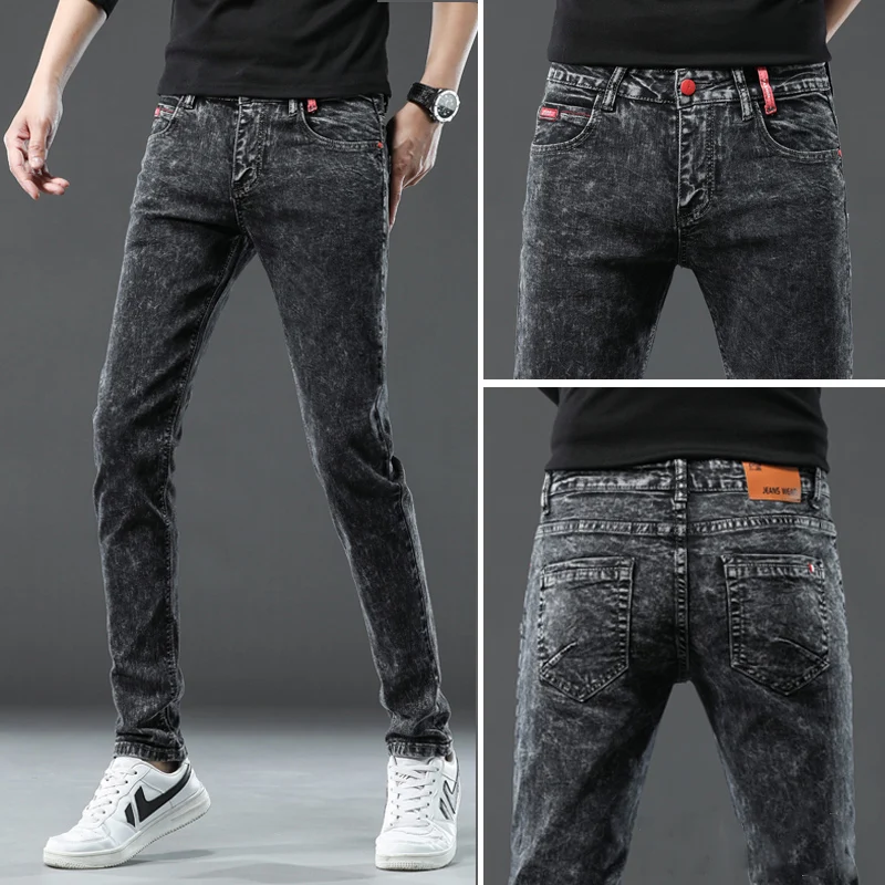 

High Quality Gray Jeans for Men Fashion Retro Washed Snowflake Slim Skinny Simple Male Pencil Denim Pants Streetwear