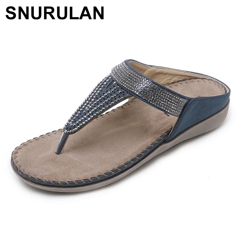 

SNURULAN 2019 New Bohemian Style Casual Womens Sandals Comfort Crystal Slippers Flat Shoes Outdoor Sandals For Women Slippers