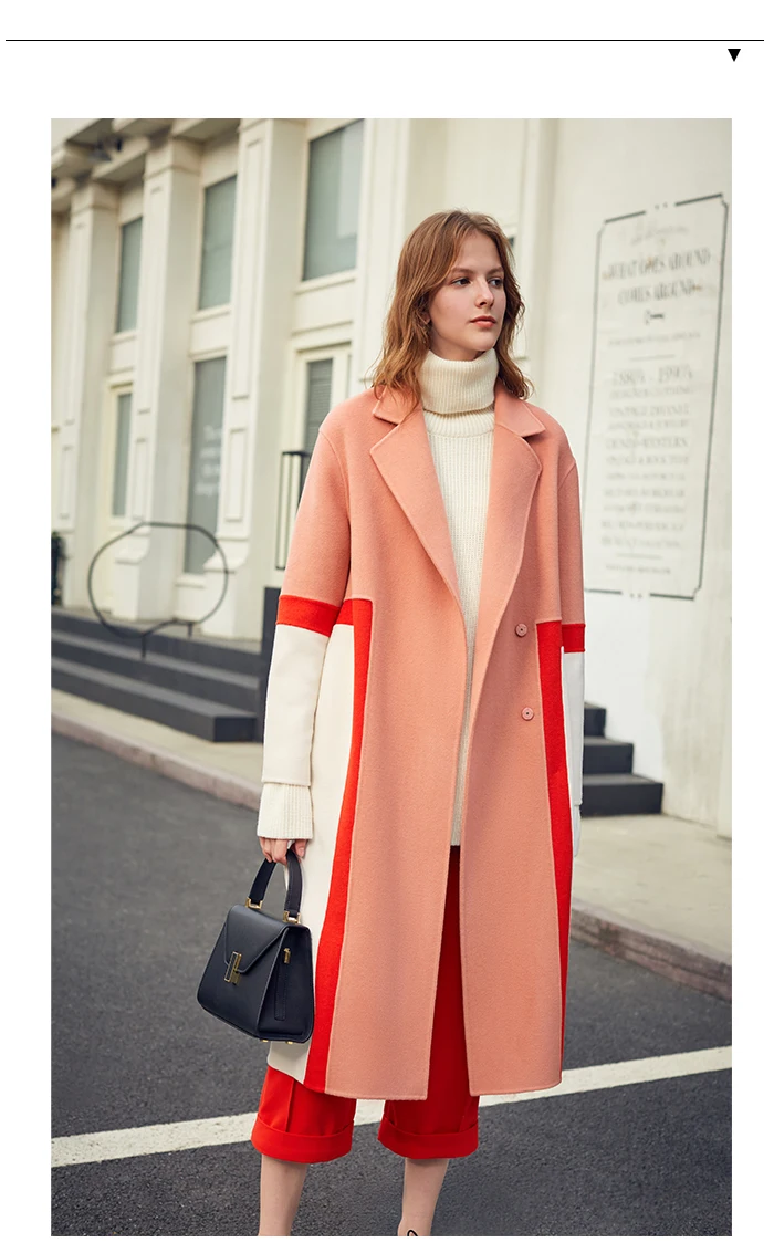 AEL woman's pink double woolen coat Rear slit New fashion patchwork women's popular woolen lattice overcoat female