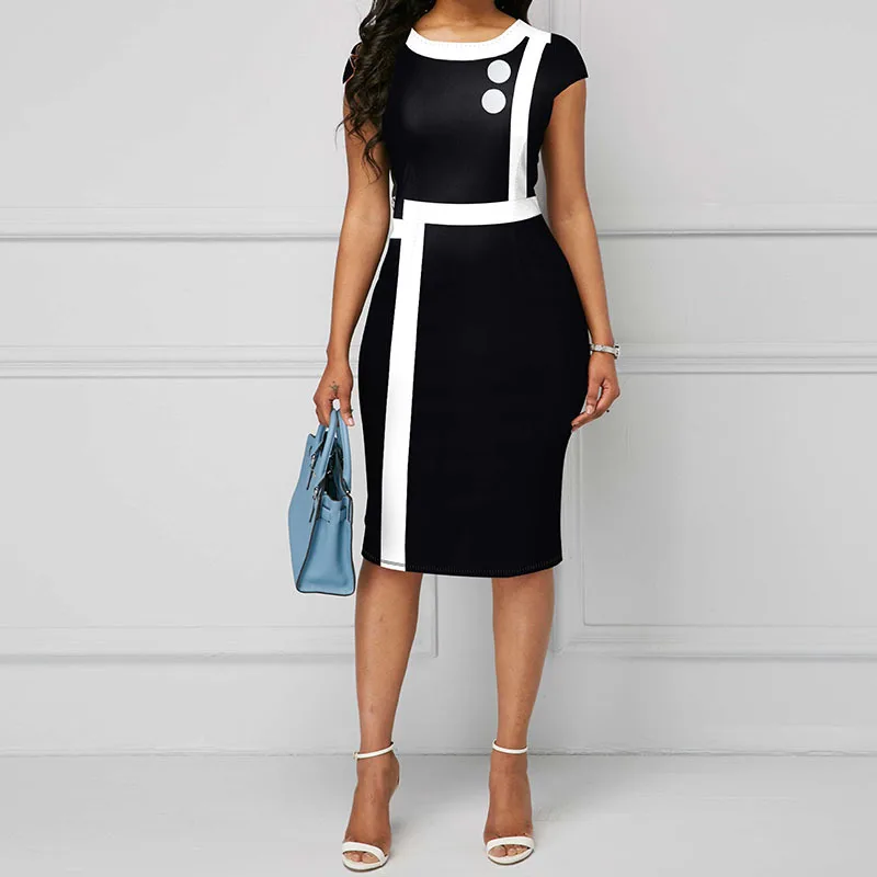 

OTEN Women's Elegant Round Neck Button Stitching Contrast Patchwork Slim Knee-length Pencil Sheath Bodycon Dress Robe Vestidos