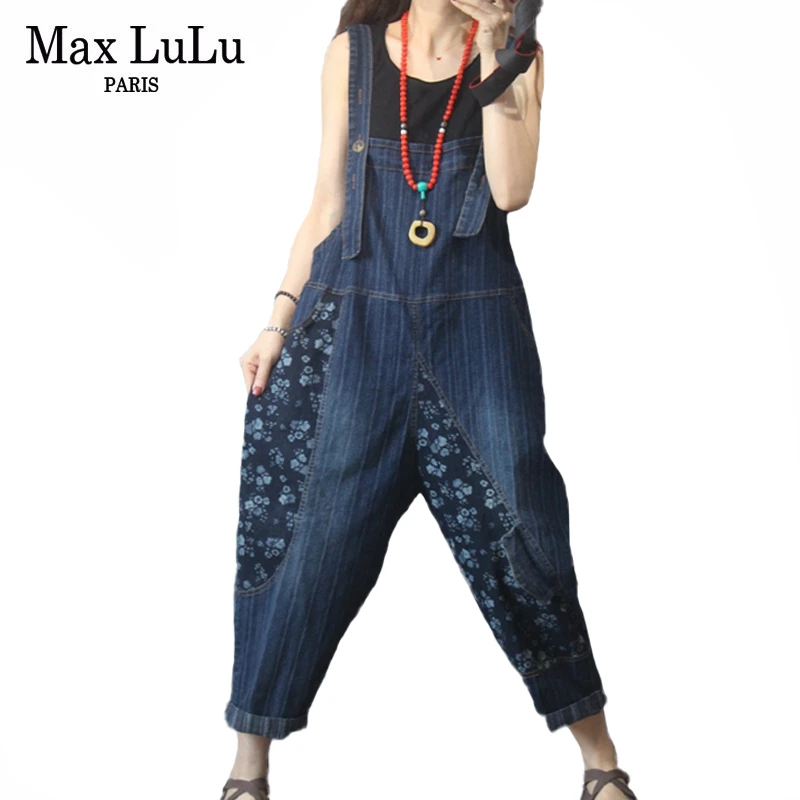 Patchwork Jeans Overalls Denim Trousers Floral-Printed Max Lulu Female Women Ladies Pantalons