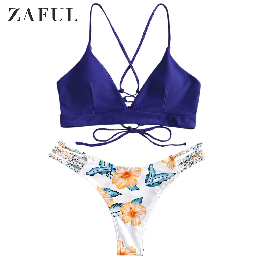 ZAFUL Плетеный комплект бикини на бретельках с цветочным узором, без проволоки, на шнуровке, низкая эластичная талия, купальник для женщин, летний комплект из 2 предметов - Цвет: Denim Dark Blue