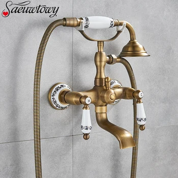 สีดำโบราณ Bronze โทรศัพท์สไตล์อ่างอาบน้ำก๊อกน้ำทองแดงติดผนังก๊อกน้ำร้อนและเย็นอ่างอาบน้ำระบบ 1