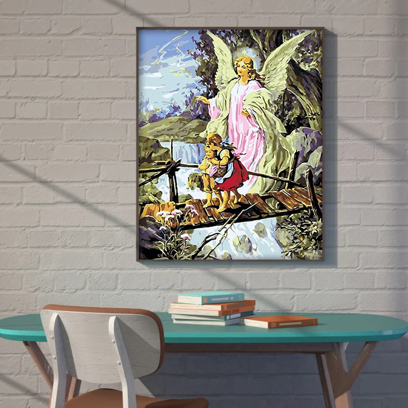 DIY digital painting angel mother wings children crossing bridge decorative adult hand-painted decompression | Дом и сад