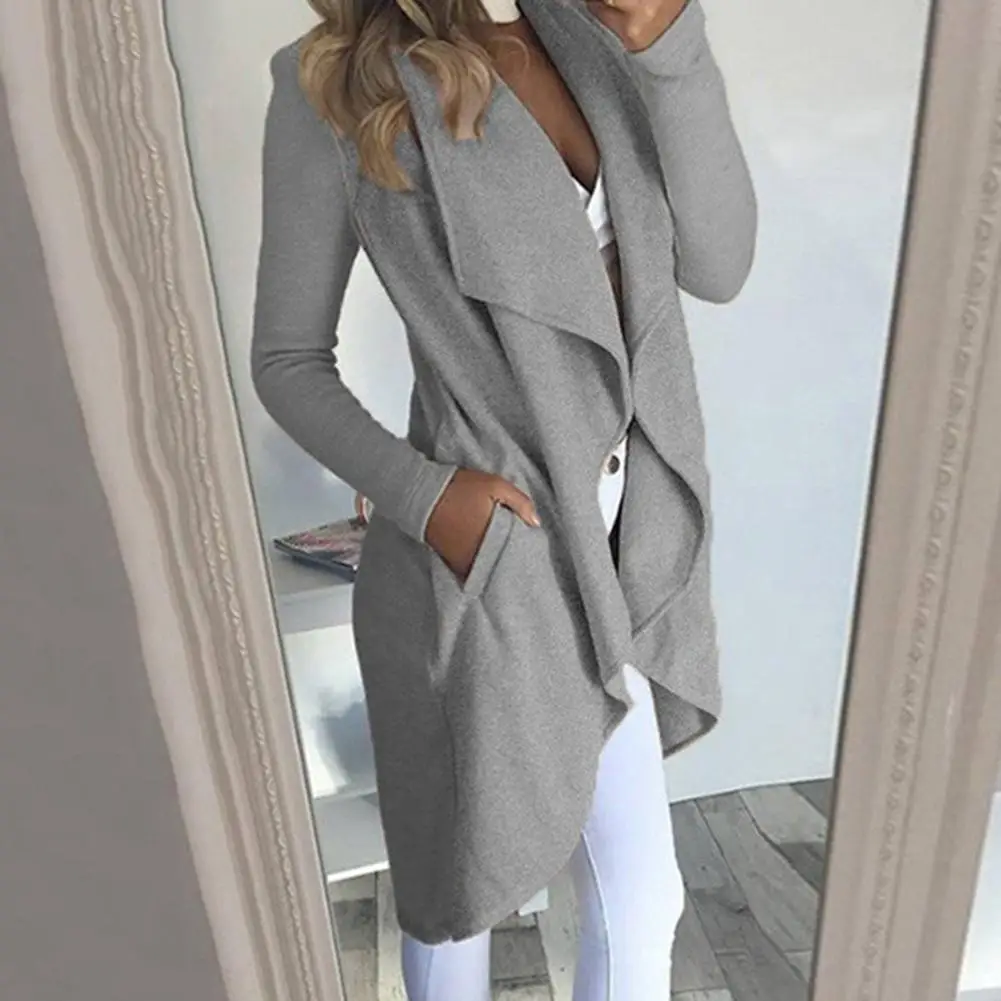 

New Solid Color Women Irregular Hem Open Front Long Sleeve Lapel Cardigan Outwear