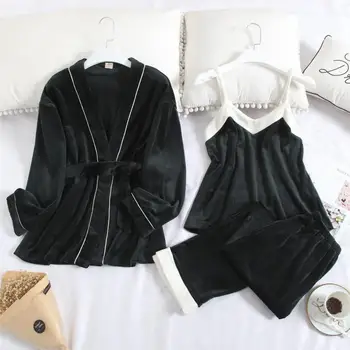 

Dark Green 3PCS Pajamas Suit Autumn Velour Sleepwear Female Sexy V-Neck Strap Top&Pant Color Contrast Home Clothes With Belt