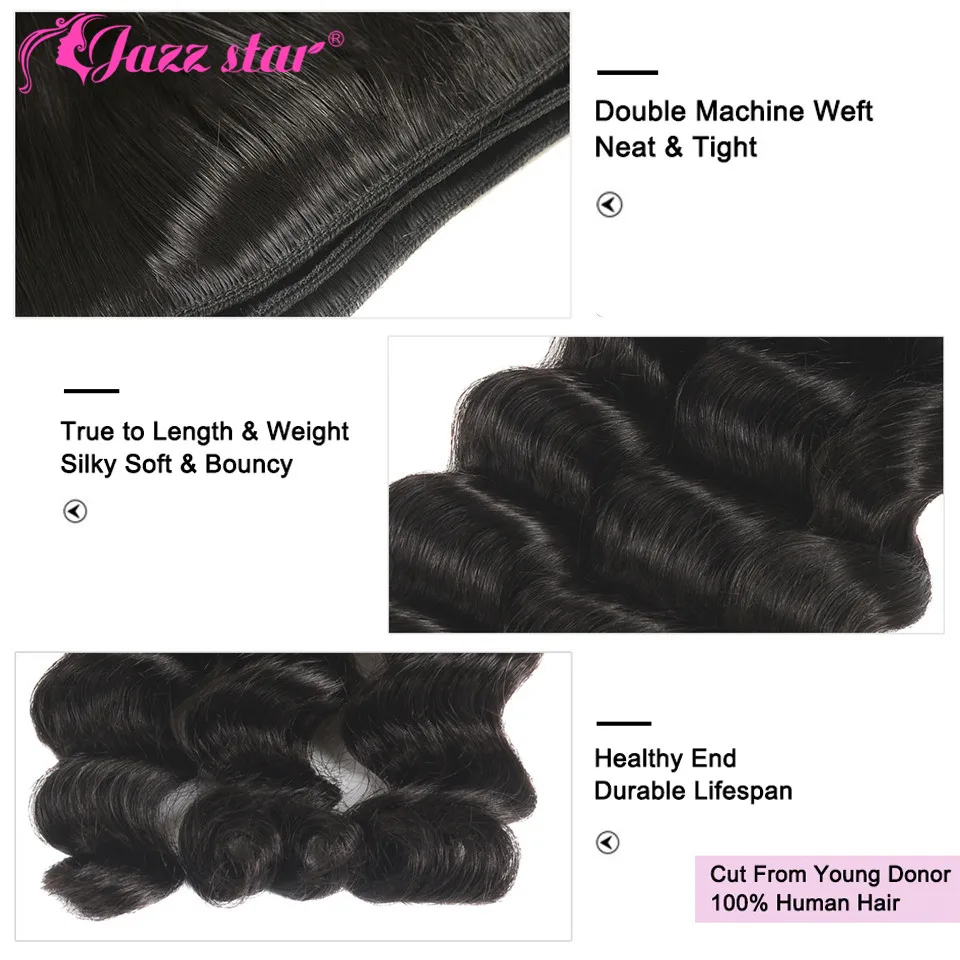 Brazilian Loose Deep Wave Bundles with Frontal Closure Middle Ratio100% Human Hair Bundles with Closure Non-Remy Jazz Star Hair