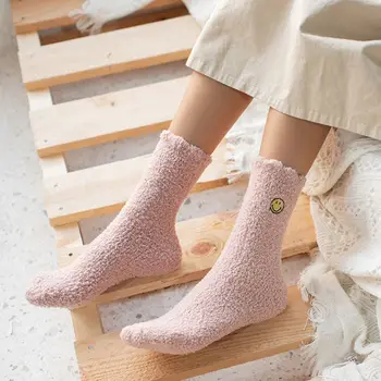 

Womens Winter Coral Velvet Thick Warm Slipper Socks with Embroidery Smile Face