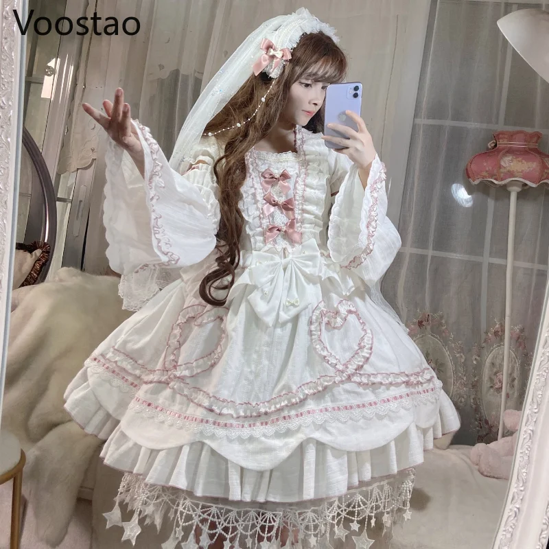 Sweet Chic Lolita Princess OP Dress Vintage Elegant Bow Lace Ruffles Pearls Flowers Wedding Party Dress