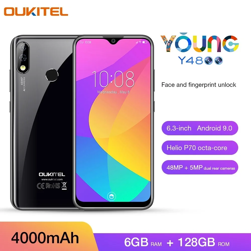 

OUKITEL Y4800 Smartphone 6.3" FHD+ 19.5:9 Android 9.0 Octa Core 6G+128G Dual 4G Fingerprint 4000mAh 48MP+16MP+5MP Mobile Phone