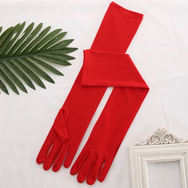 Stretch Satin White Glove Long Bridal Gloves Black Red Elbow Length Women Dance Party Wedding Gloves Full Finger Guantes Boda Red