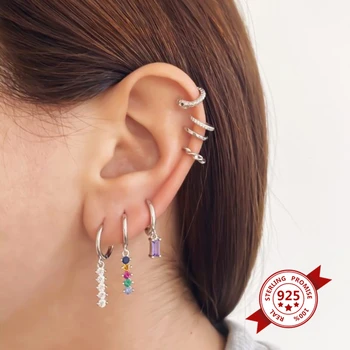 

Rainbow Crystal Hanging Huggies Hoops Earrings for Women Boho Classic 925 Sterling Silver Charming CZ Earrings Thin Hoops Gift