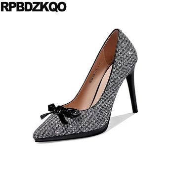 

pointed toe stiletto pumps glitter extreme high heels black slip on designer thin fashion brand women shoes 2019 ultra super bow
