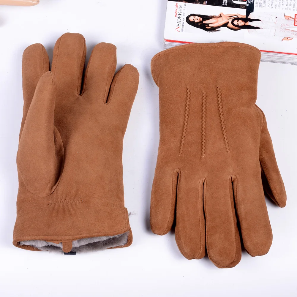 Мужские зимние супер теплые перчатки из натуральной кожи меховые льняные Перчатки замшевые с мехом перчатки уличные лыжные перчатки - Цвет: Оранжевый