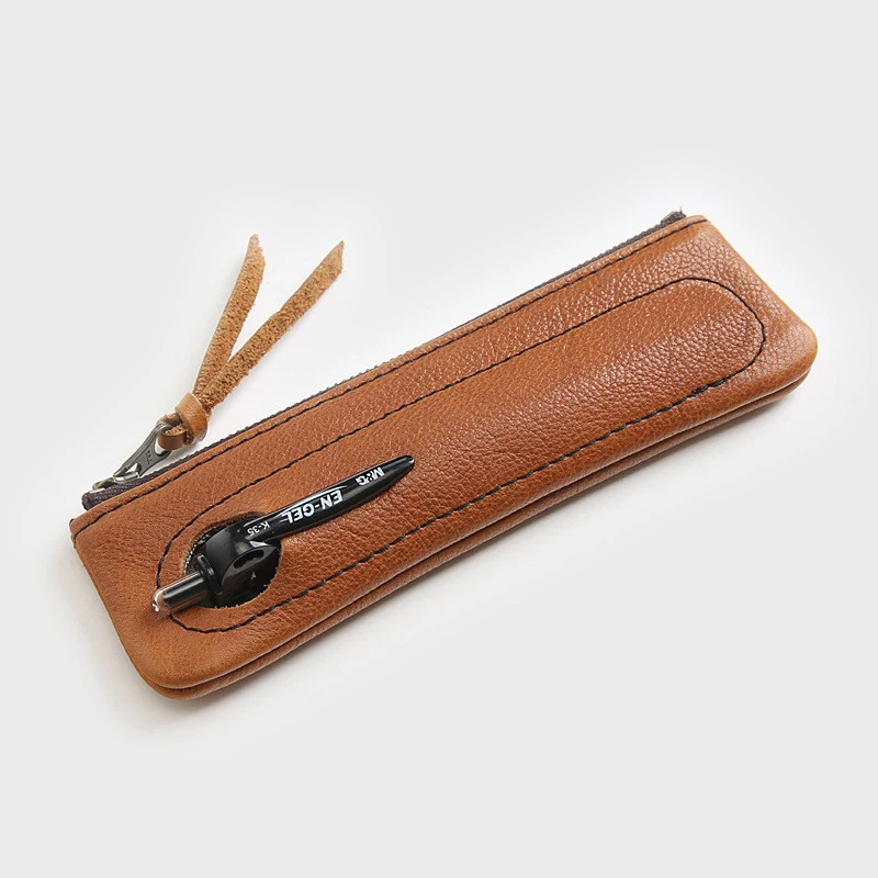 

100% Genuine Leather Pen Bag Vintage Handmade Men Women Children Student Long Zipper Pencil Bag Case Holder Bags School Supplies