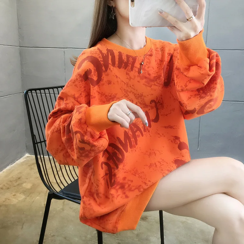 

Round Neck Long-Sleeved Printed Casual Hoodie Women 2020 Autumn Winter New Loose Trend All-Match Sweet Orange Apricot Top