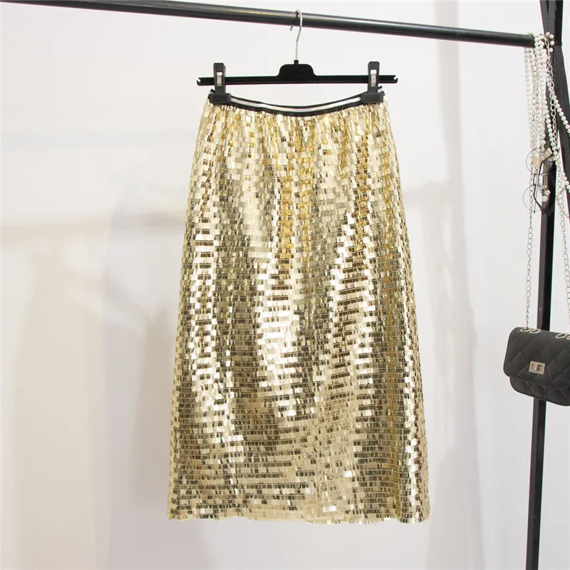 Harajuku Sequins Skirt Women's Sexy Silver Sequined Midi Skirt Girls Elastic-Waist Package Hip One-Step Skirts Party Skirts